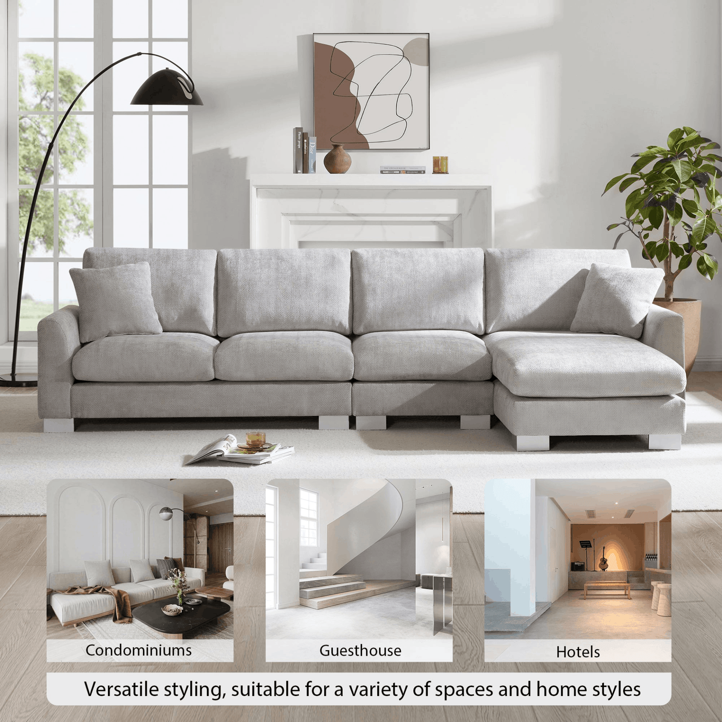 119*55" Modern Oversized Sectional Sofa,L-shaped Luxury Couch Set with 2 Free pillows,5-seat Chenille Indoor Furniture with Chaise for Living Room,Apartment,Office,2 Colors 