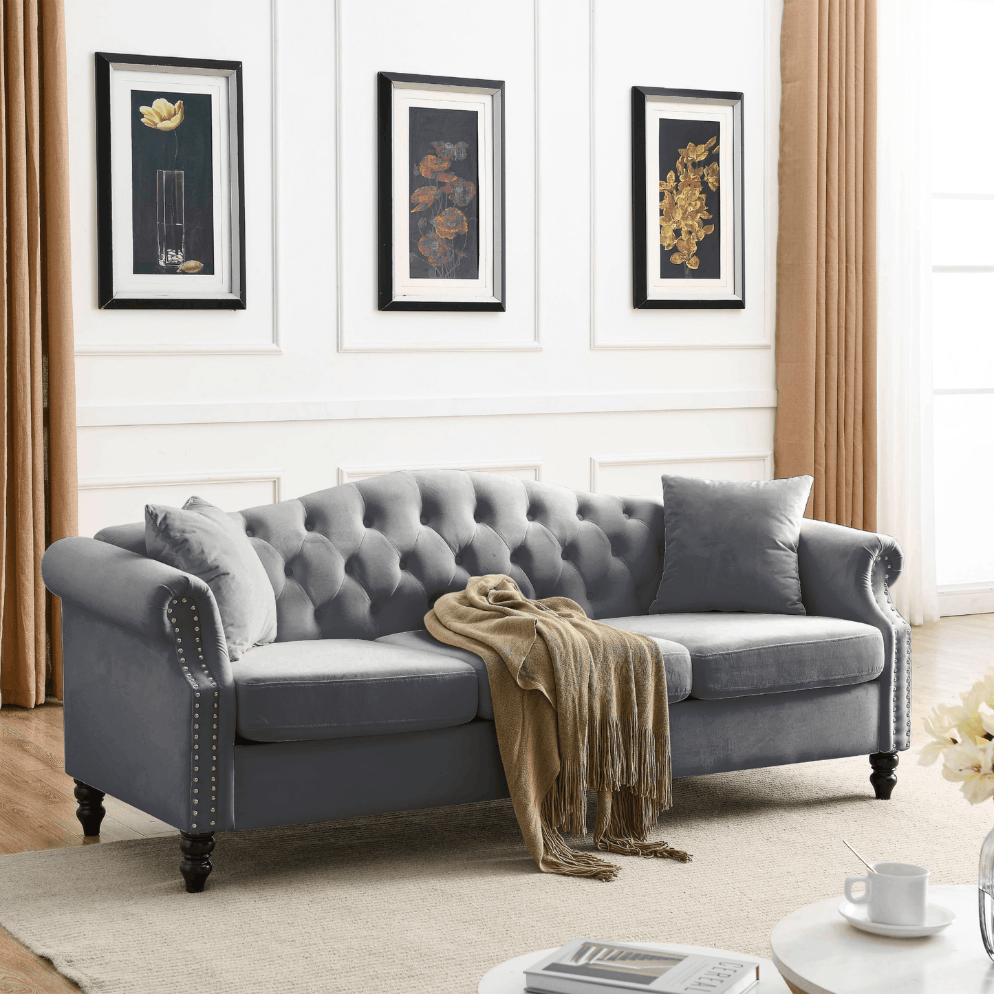 3-seater + 3-seater Combination sofa.Grey Velvet 