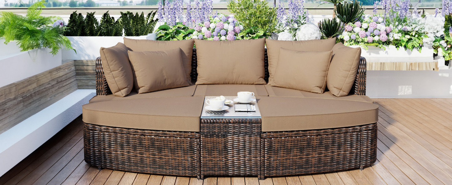 6-Piece Patio Outdoor Conversation Round Sofa Set, PE Wicker Rattan Separate Seating Group with Coffee Table, Brown