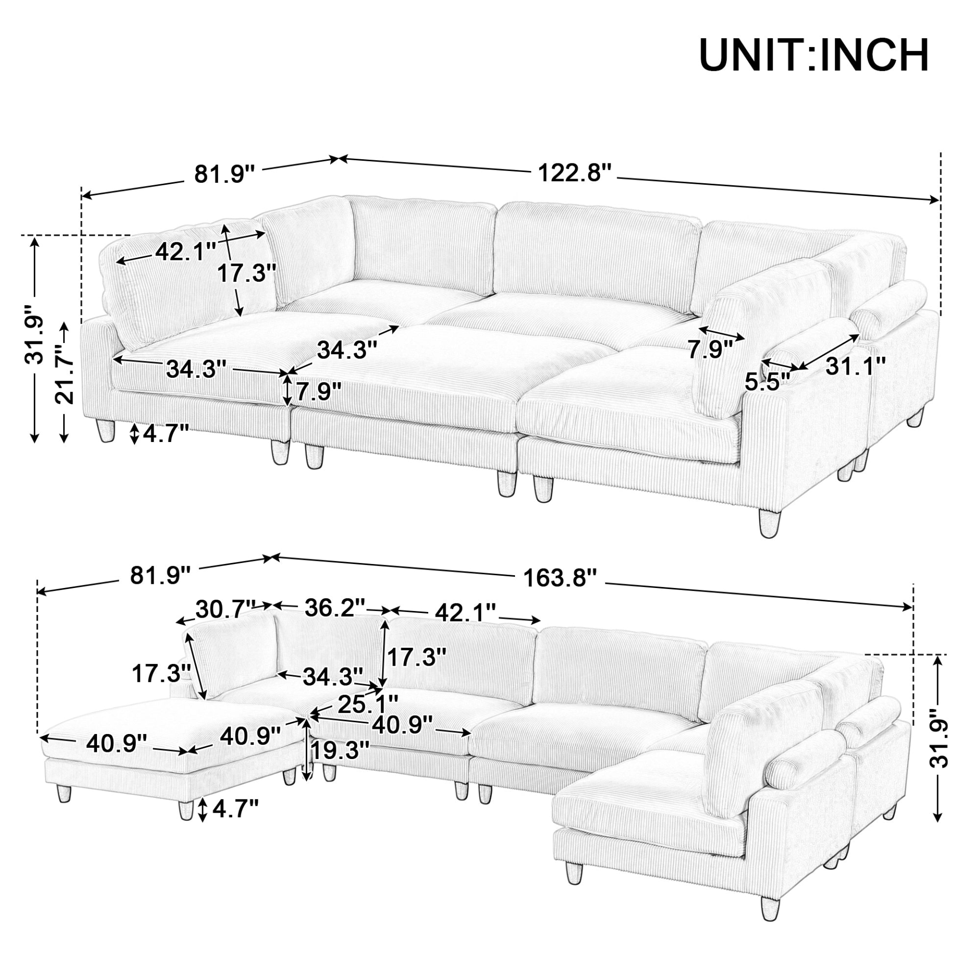 163''Modular Sectional Sofa,with Ottoman L Shaped Corner Sectional for Living Room,,Office,  Apartment (6-Seater)