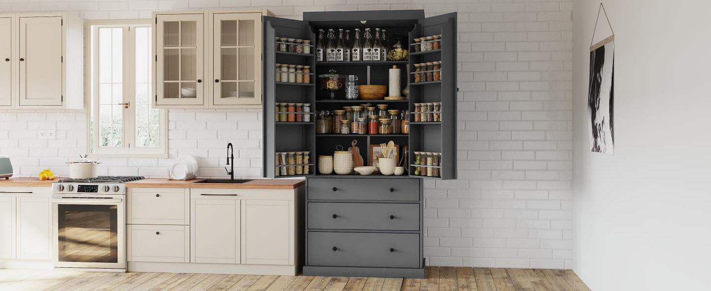 77inch Farmhouse Kitchen Pantry, Freestanding Tall Cupboard Storage Cabinet with 3 Adjustable Shelves, 8 Door Shelves, 3 Drawers for Kitchen, Dining Room, Gray