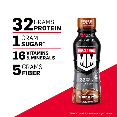 Muscle Milk Pro Advanced Nutrition Protein Shake, Knockout Chocolate, 11.16 Fl Oz (Pack of 12), 32g Protein, 1g Sugar, 16 Vitamins & Minerals, 5g Fiber, Workout Recovery, Energizing Snack, Packaging May Vary,