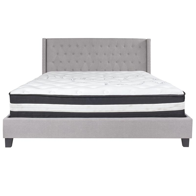 King Size Platform Bed in Light Gray Fabric with Pocket Spring Mattress