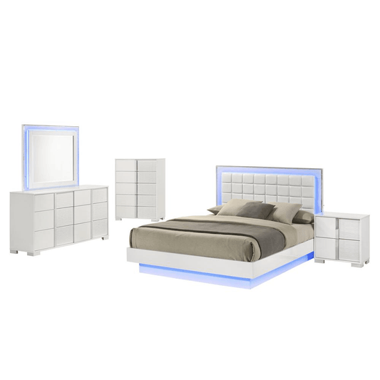 Eastern King size futuristic bedroom set with LED lighting, platform bed, white nightstand, six-drawer dresser and matching mirror.