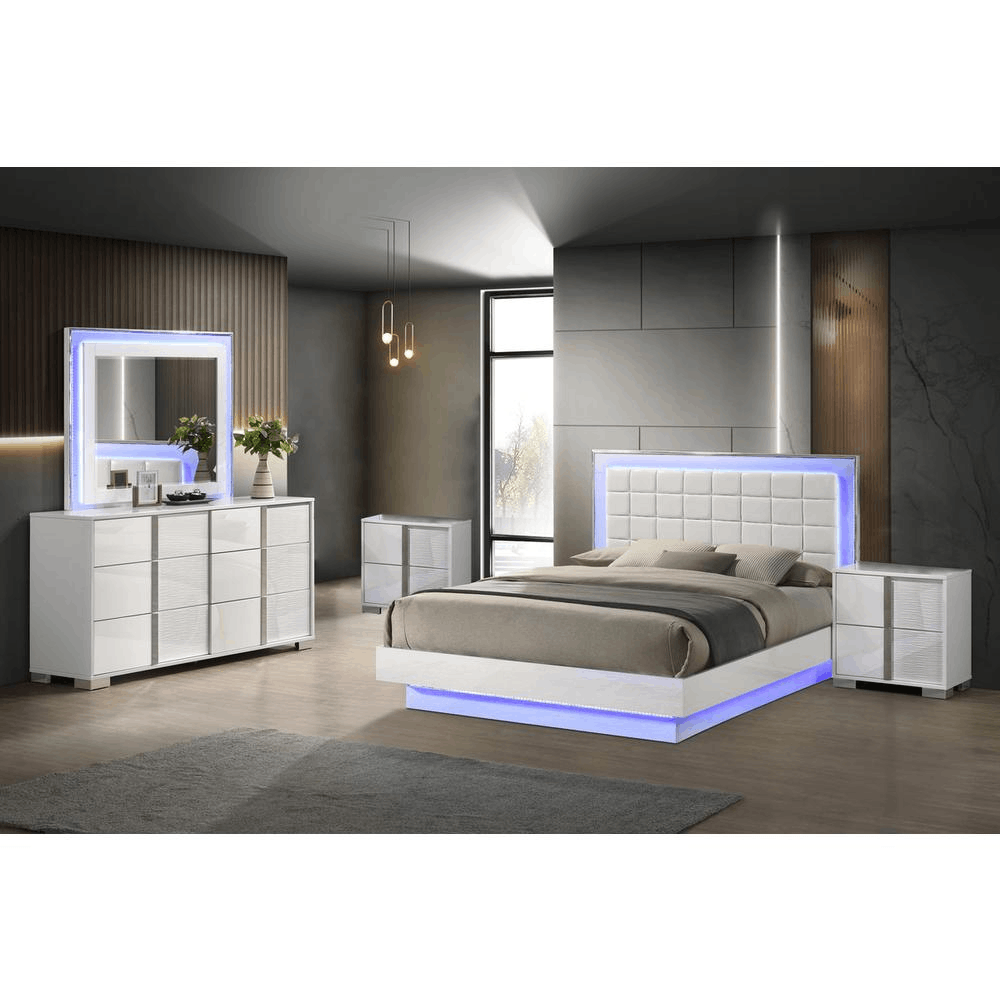 Queen size futuristic bedroom set with platform bed, LED lighting, two white nightstands, six-drawer dresser, and matching dresser mirror