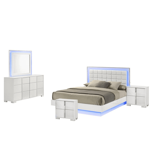 Queen size futuristic bedroom set with platform bed, adjustable LED lighting, two nightstands, six-drawer dresser, and dresser mirror