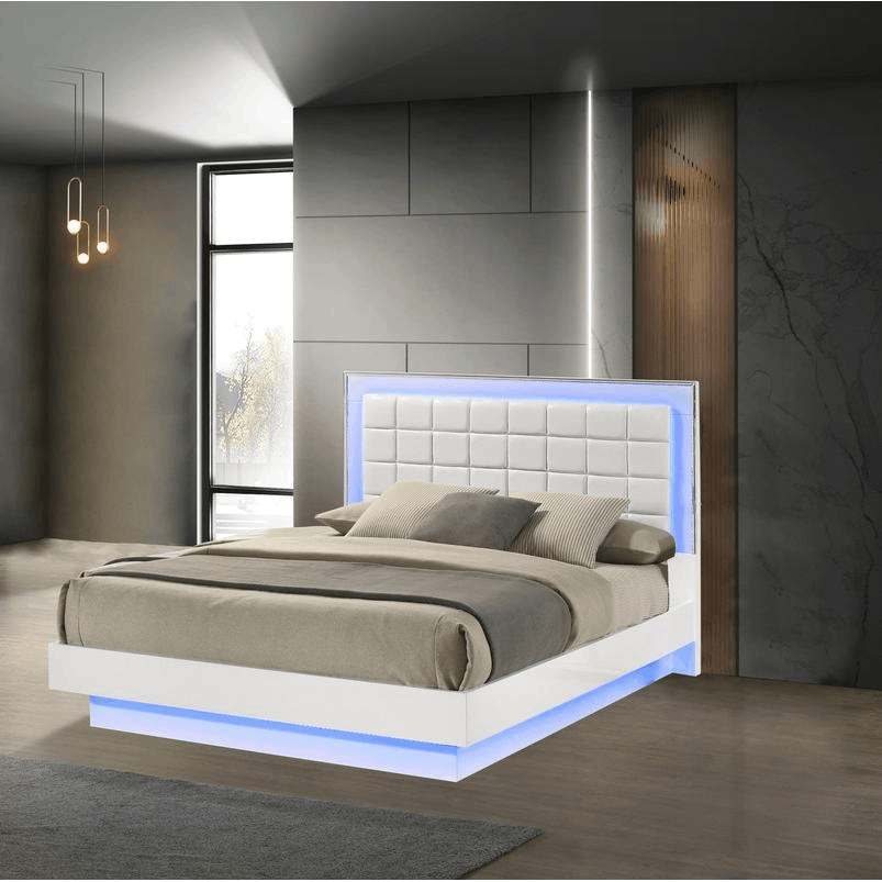 Queen size platform bed with adjustable LED lighting and floating design in a modern bedroom setting.