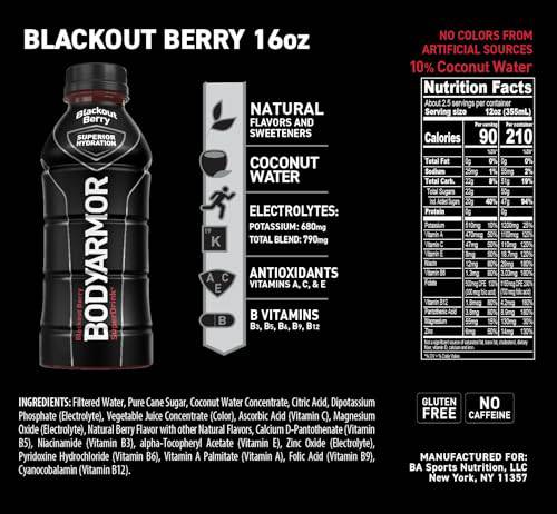 BODYARMOR Sports Drink Sports Beverage, Blackout Berry, Coconut Water Hydration, Natural Flavors With Vitamins, Potassium-Packed Electrolytes, Perfect For Athletes, 16 Fl Oz (Pack of 12),