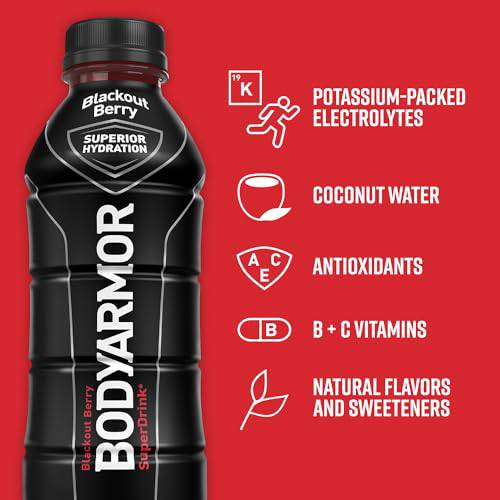 BODYARMOR Sports Drink Sports Beverage, Blackout Berry, Coconut Water Hydration, Natural Flavors With Vitamins, Potassium-Packed Electrolytes, Perfect For Athletes, 16 Fl Oz (Pack of 12),