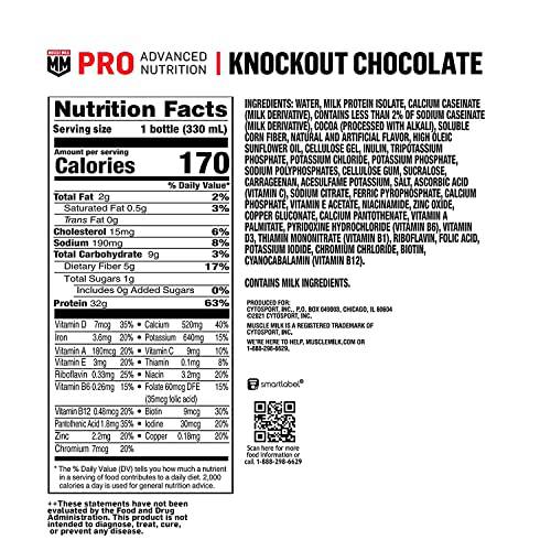 Muscle Milk Pro Advanced Nutrition Protein Shake, Knockout Chocolate, 11.16 Fl Oz (Pack of 12), 32g Protein, 1g Sugar, 16 Vitamins & Minerals, 5g Fiber, Workout Recovery, Energizing Snack, Packaging May Vary,