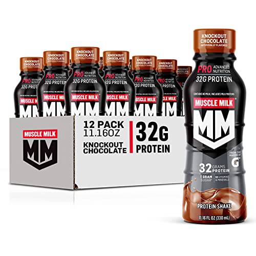 Muscle Milk Pro Advanced Nutrition Protein Shake, Knockout Chocolate, 11.16 Fl Oz (Pack of 12), 32g Protein, 1g Sugar, 16 Vitamins & Minerals, 5g Fiber, Workout Recovery, Energizing Snack, Packaging May Vary,