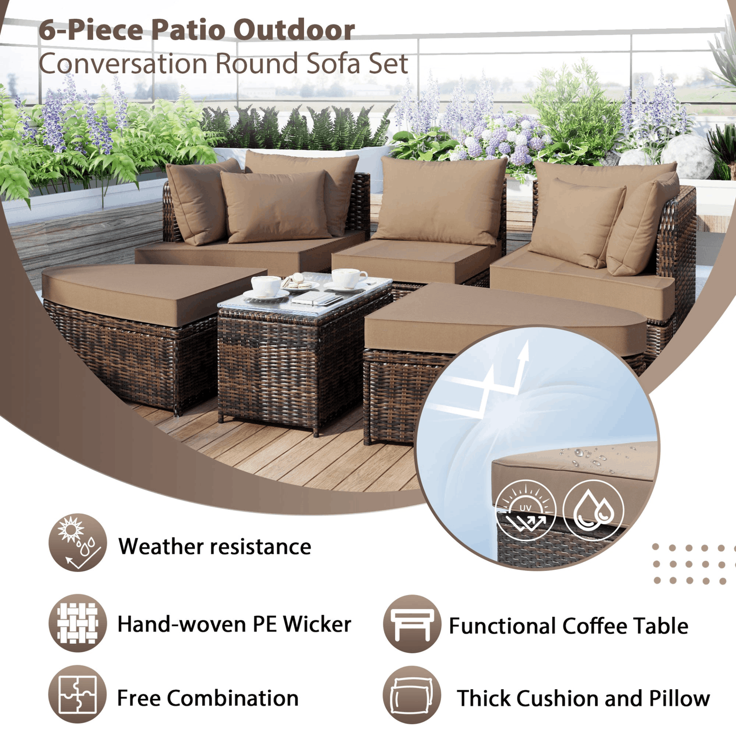 6-Piece Patio Outdoor Conversation Round Sofa Set, PE Wicker Rattan Separate Seating Group with Coffee Table, Brown 