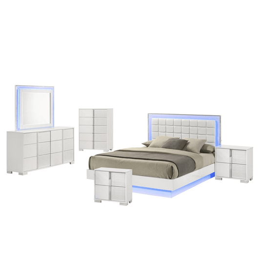 6-piece futuristic bedroom set with adjustable LED lighting, featuring an Eastern king size platform bed, two nightstands, dresser, and mirror.