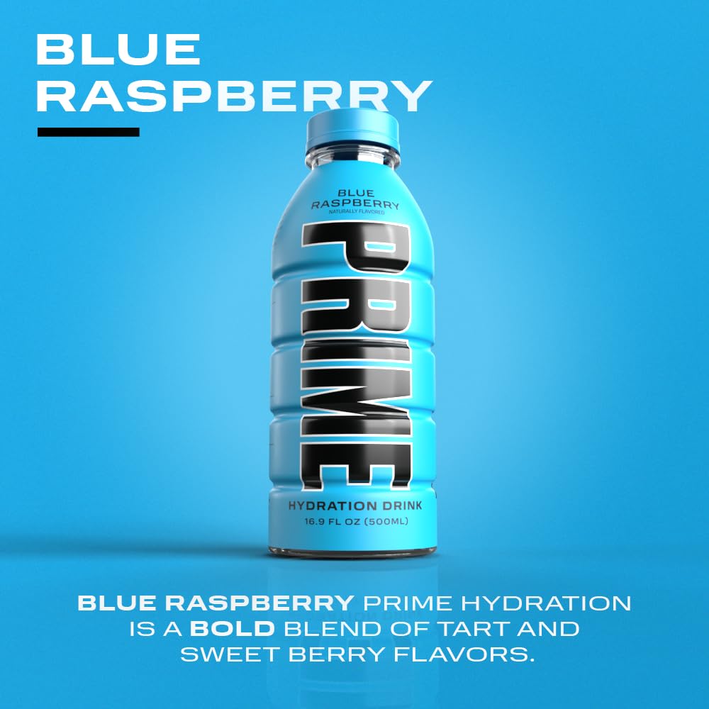 PRIME Hydration BLUE RASPBERRY | Sports Drinks | Electrolyte Enhanced for Ultimate Hydration | 250mg BCAAs | B Vitamins | Antioxidants | 2g Of Sugar | 16.9 Fluid Ounce | 12 Pack,