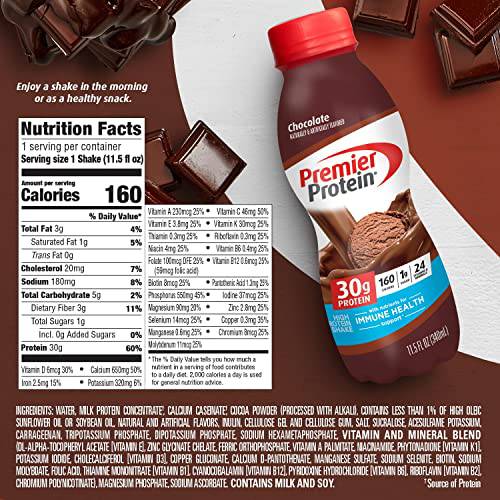 Premier Protein Shake, Chocolate, 30g Protein 1g Sugar 24 Vitamins Minerals Nutrients to Support Immune Health, 11.5 fl oz (Pack of 12),