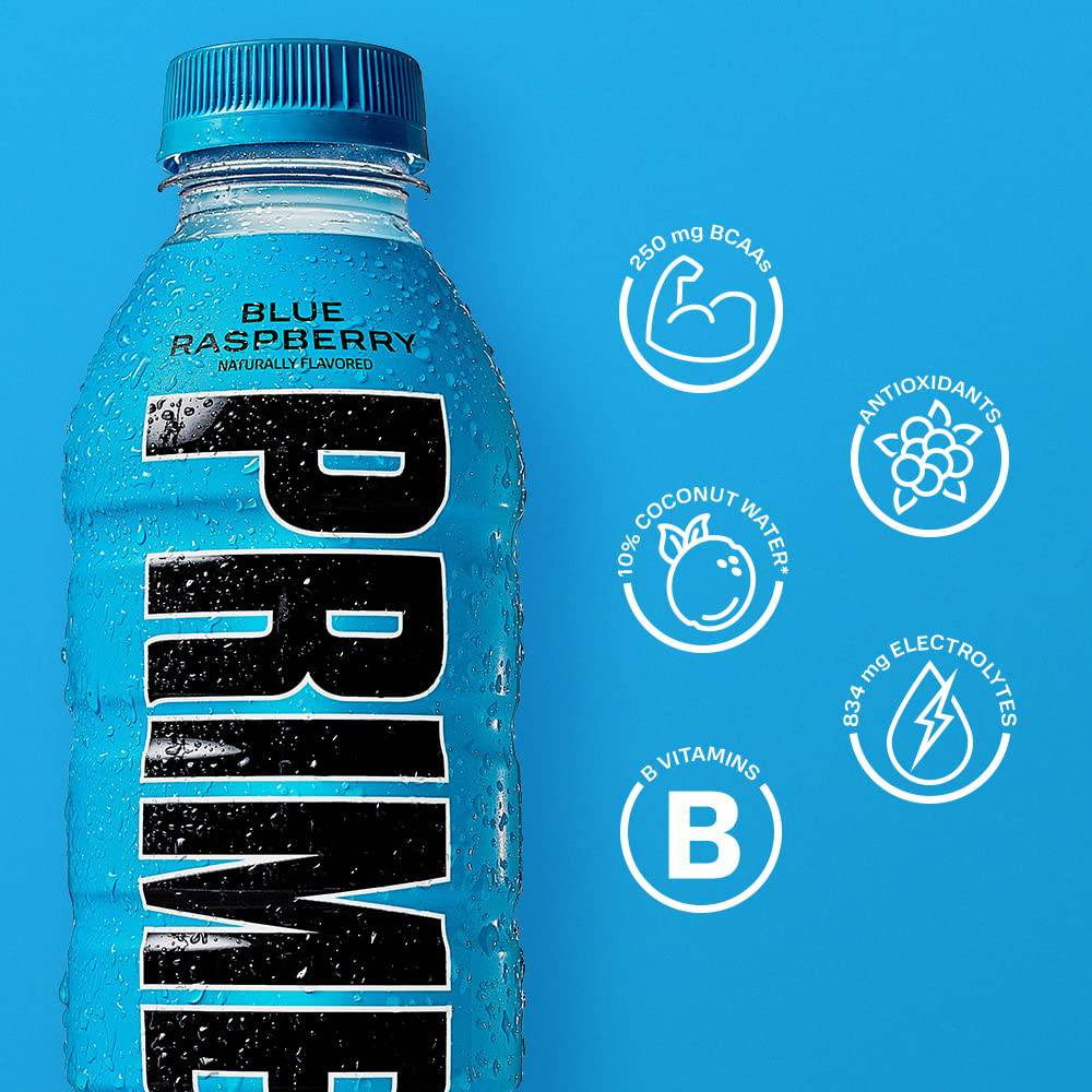 PRIME Hydration BLUE RASPBERRY | Sports Drinks | Electrolyte Enhanced for Ultimate Hydration | 250mg BCAAs | B Vitamins | Antioxidants | 2g Of Sugar | 16.9 Fluid Ounce | 12 Pack,