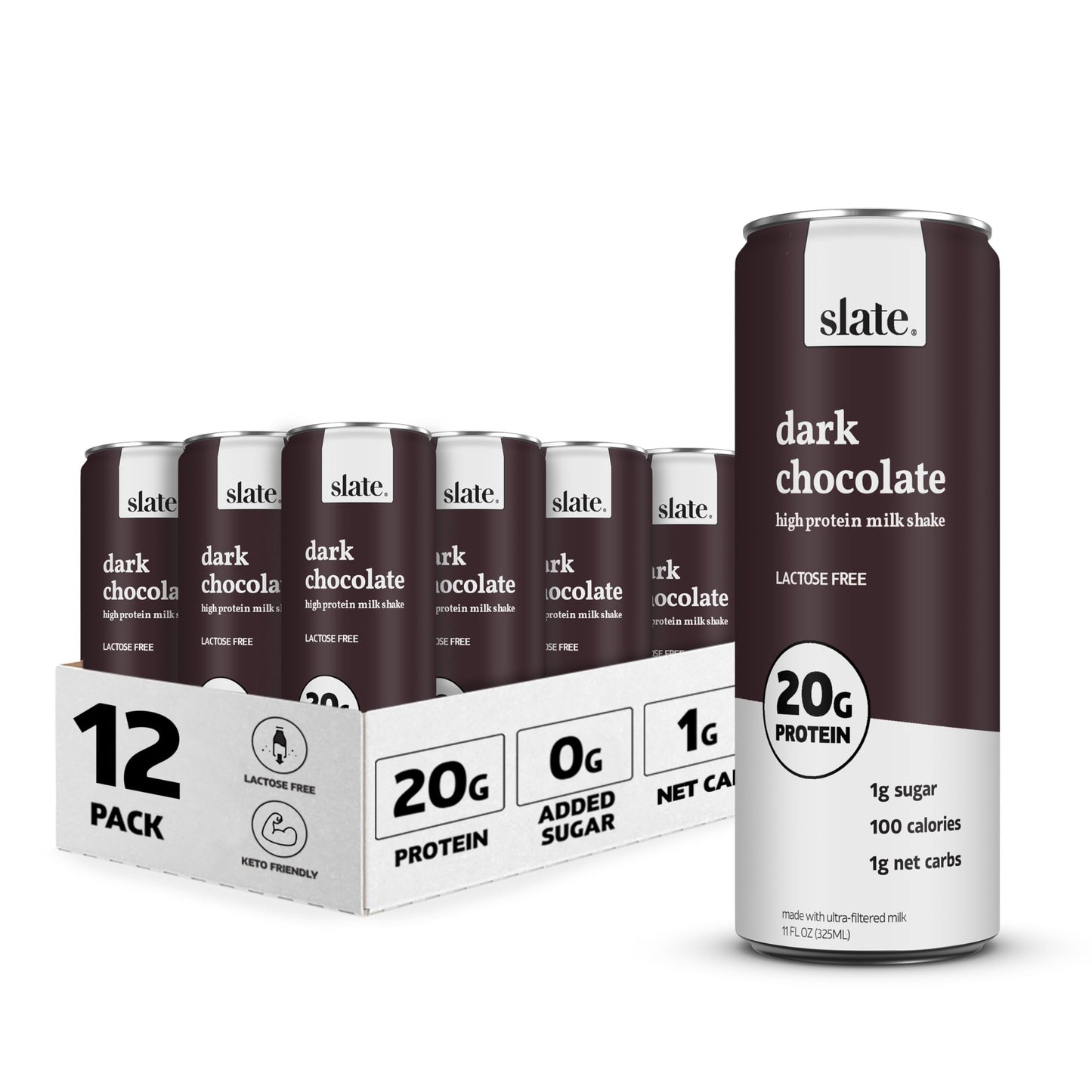 Slate Milk - High Protein Milk Shake - Core Variety Pack - Classic Chocolate, Dark Chocolate, French Vanilla - Lactose Free, 20g Protein, 1g Sugar, 100 Calories, 1-2g Net Carbs - 11 fl oz, 12 Cans,