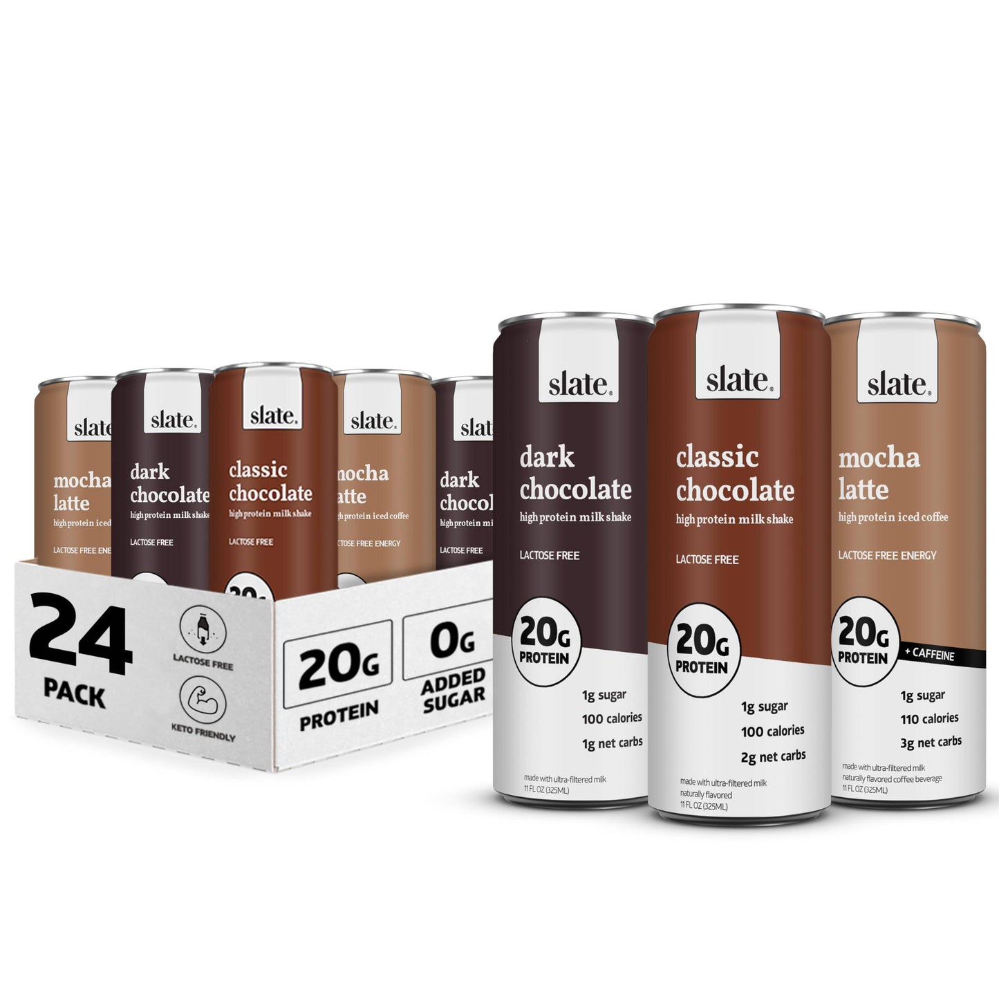 Slate Milk - High Protein Milk Shake - Core Variety Pack - Classic Chocolate, Dark Chocolate, French Vanilla - Lactose Free, 20g Protein, 1g Sugar, 100 Calories, 1-2g Net Carbs - 11 fl oz, 12 Cans,