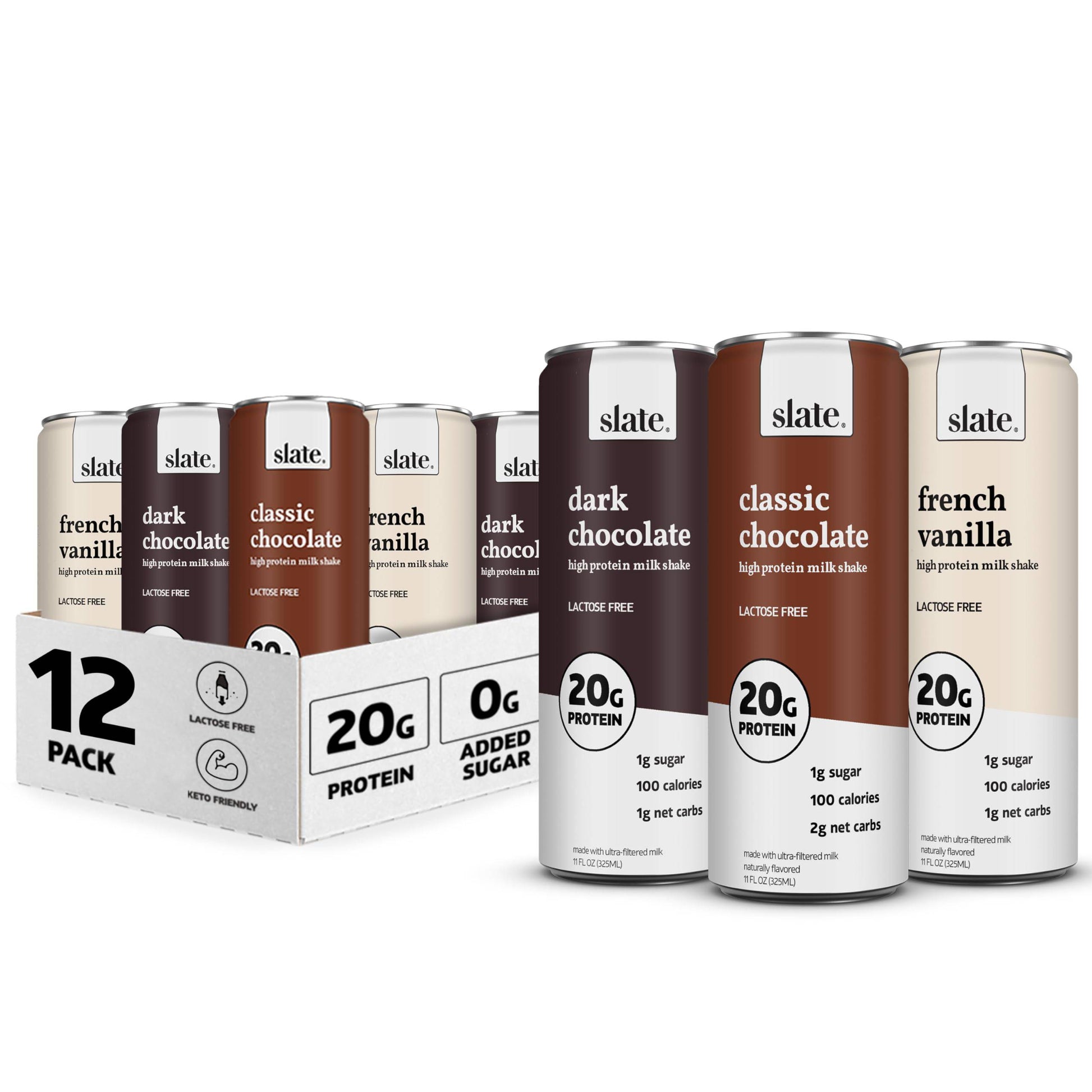 Slate Milk - High Protein Milk Shake - Core Variety Pack - Classic Chocolate, Dark Chocolate, French Vanilla - Lactose Free, 20g Protein, 1g Sugar, 100 Calories, 1-2g Net Carbs - 11 fl oz, 12 Cans,