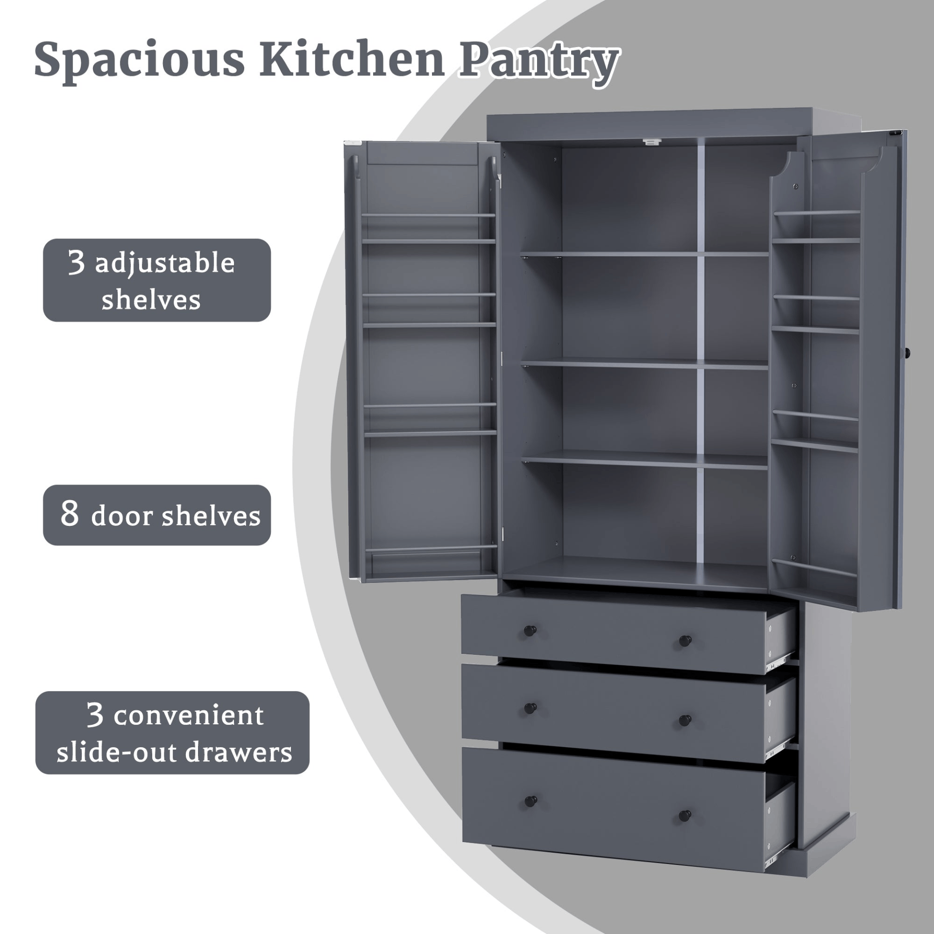 77inch Farmhouse Kitchen Pantry, Freestanding Tall Cupboard Storage Cabinet with 3 Adjustable Shelves, 8 Door Shelves, 3 Drawers for Kitchen, Dining Room, Gray 