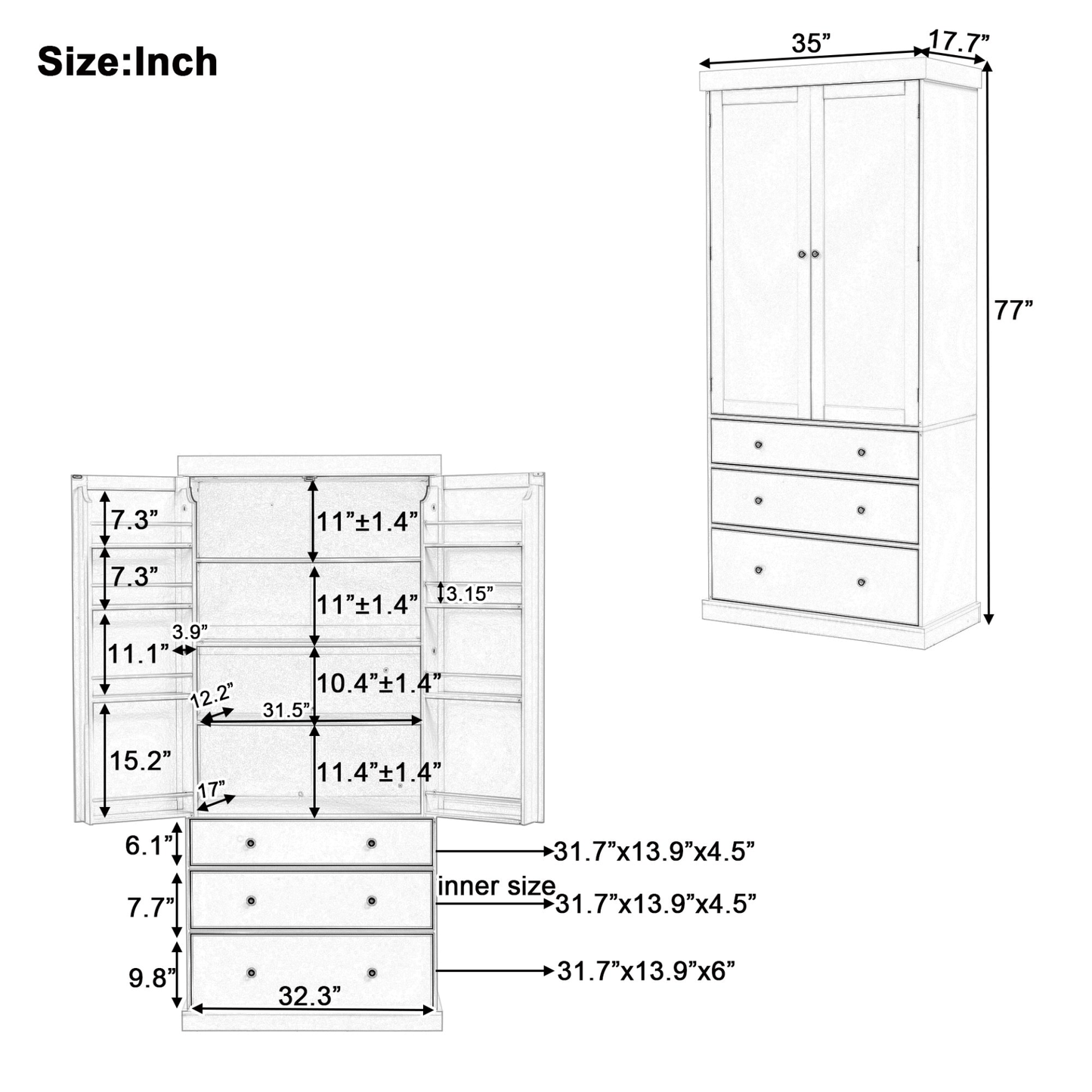 77inch Farmhouse Kitchen Pantry, Freestanding Tall Cupboard Storage Cabinet with 3 Adjustable Shelves, 8 Door Shelves, 3 Drawers for Kitchen, Dining Room, Gray 