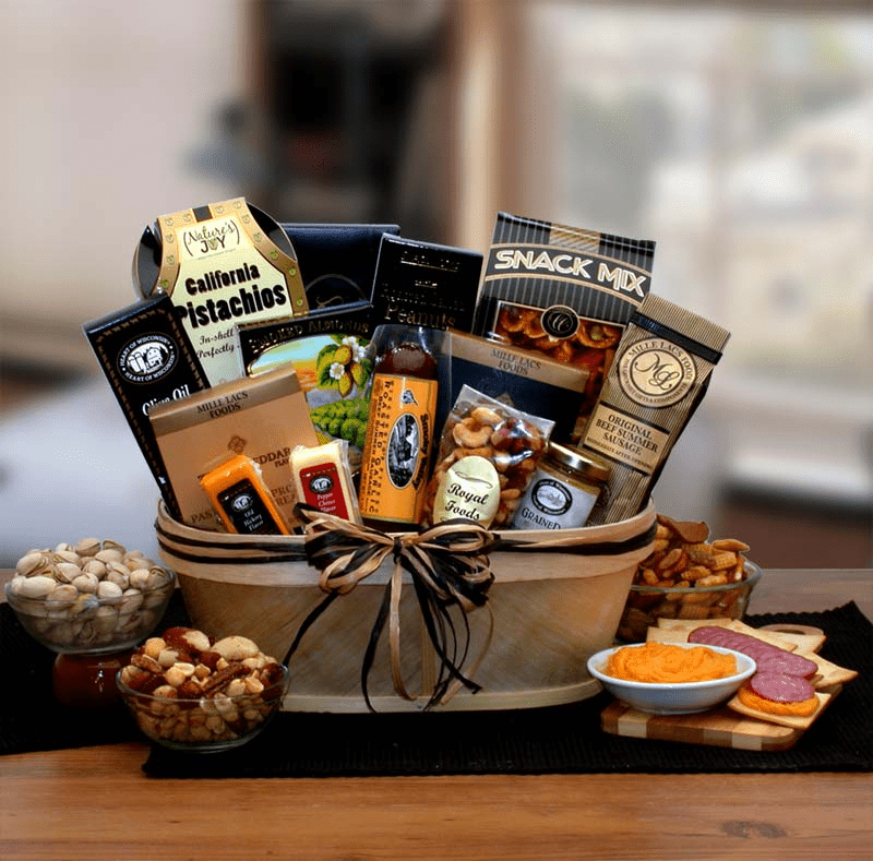 Gourmet Nut & Sausage Gift Basket - meat and cheese gift baskets,