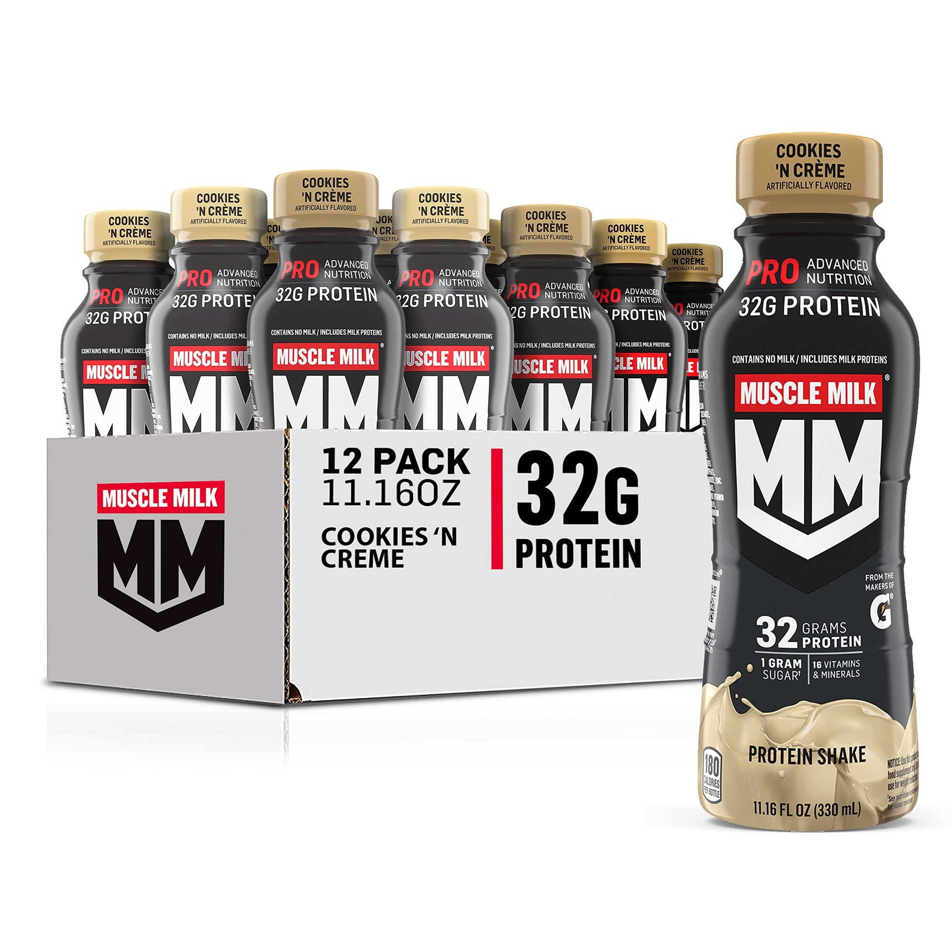 Muscle Milk Pro Advanced Nutrition Protein Shake, Knockout Chocolate, 11.16 Fl Oz (Pack of 12), 32g Protein, 1g Sugar, 16 Vitamins & Minerals, 5g Fiber, Workout Recovery, Energizing Snack, Packaging May Vary,