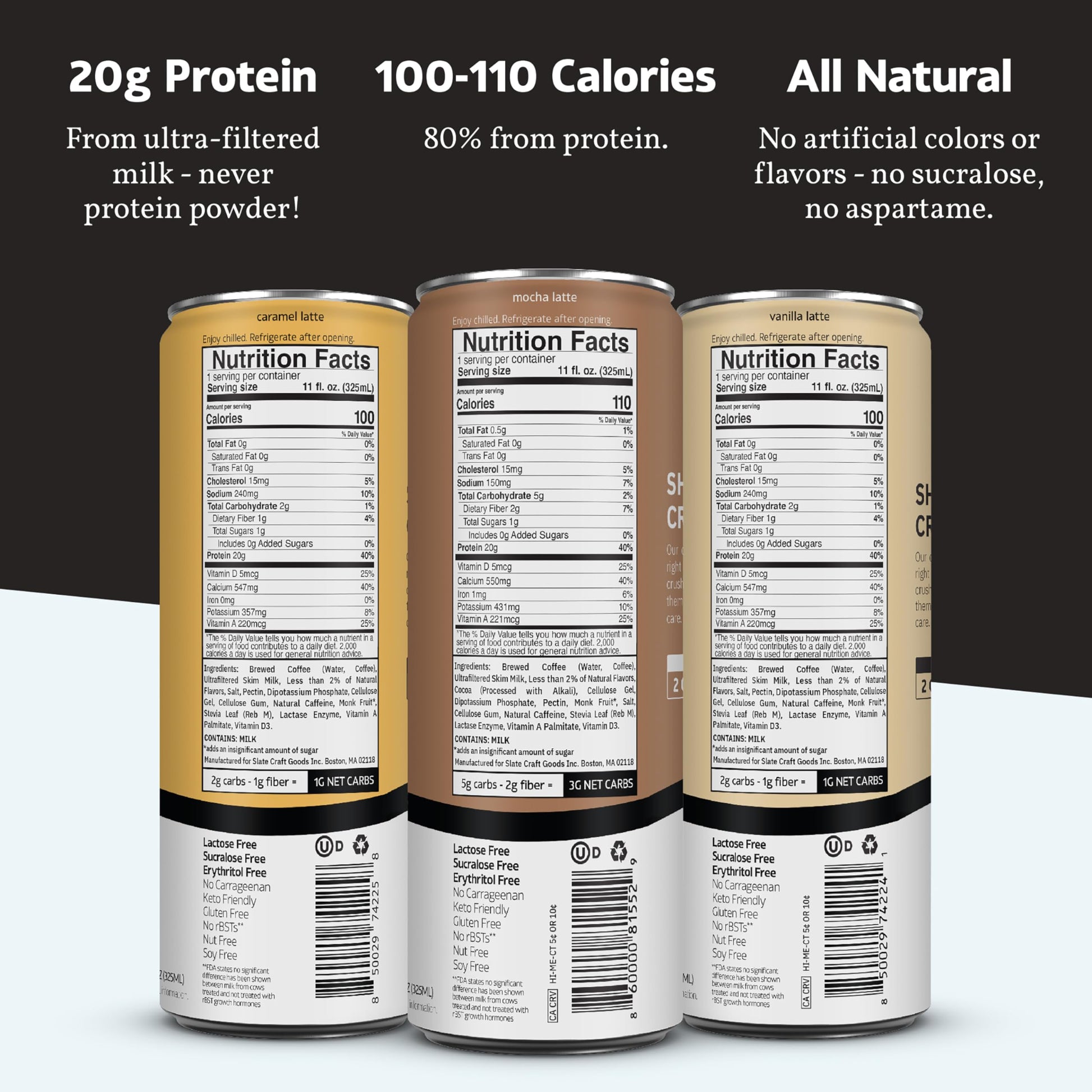 Slate Milk - High Protein Milk Shake - Core Variety Pack - Classic Chocolate, Dark Chocolate, French Vanilla - Lactose Free, 20g Protein, 1g Sugar, 100 Calories, 1-2g Net Carbs - 11 fl oz, 12 Cans,