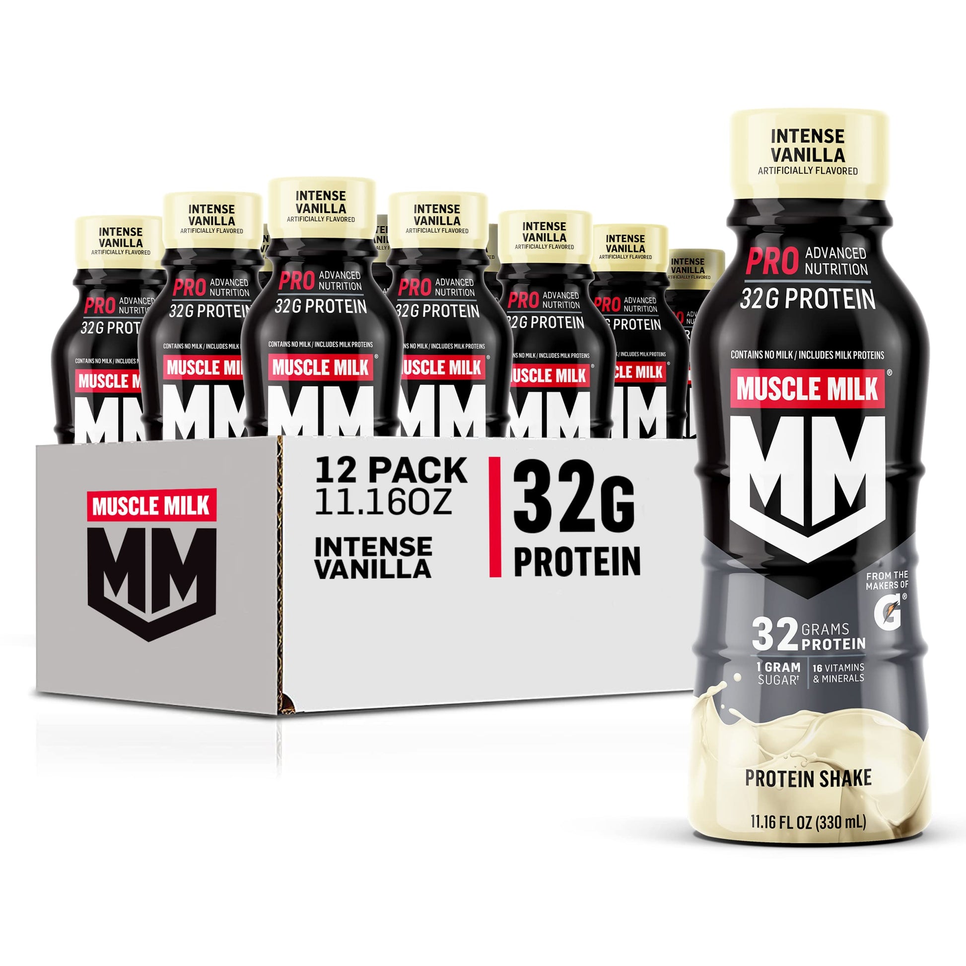 Muscle Milk Pro Advanced Nutrition Protein Shake, Knockout Chocolate, 11.16 Fl Oz (Pack of 12), 32g Protein, 1g Sugar, 16 Vitamins & Minerals, 5g Fiber, Workout Recovery, Energizing Snack, Packaging May Vary,