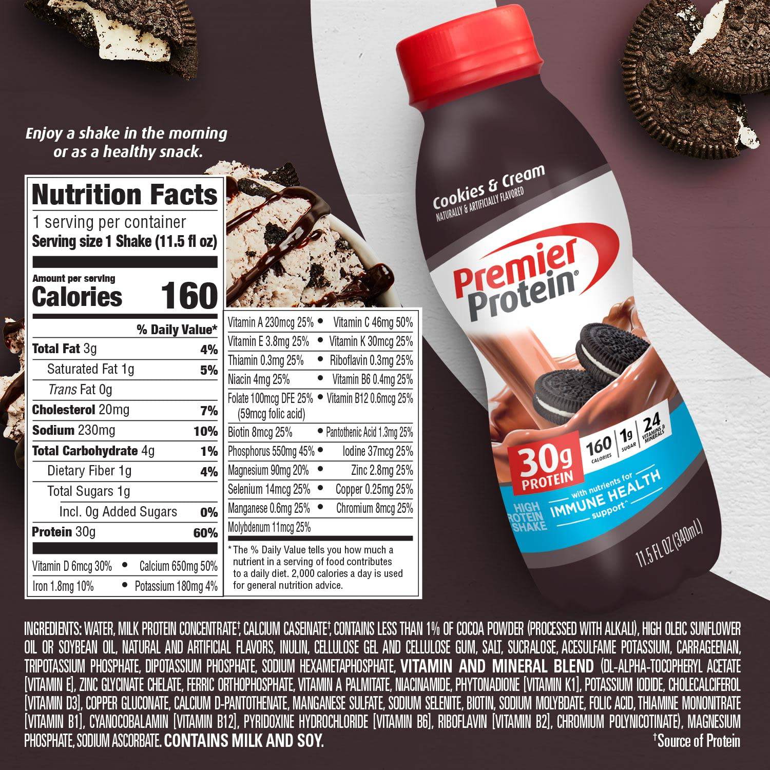 Premier Protein Shake, Chocolate, 30g Protein 1g Sugar 24 Vitamins Minerals Nutrients to Support Immune Health, 11.5 fl oz (Pack of 12),