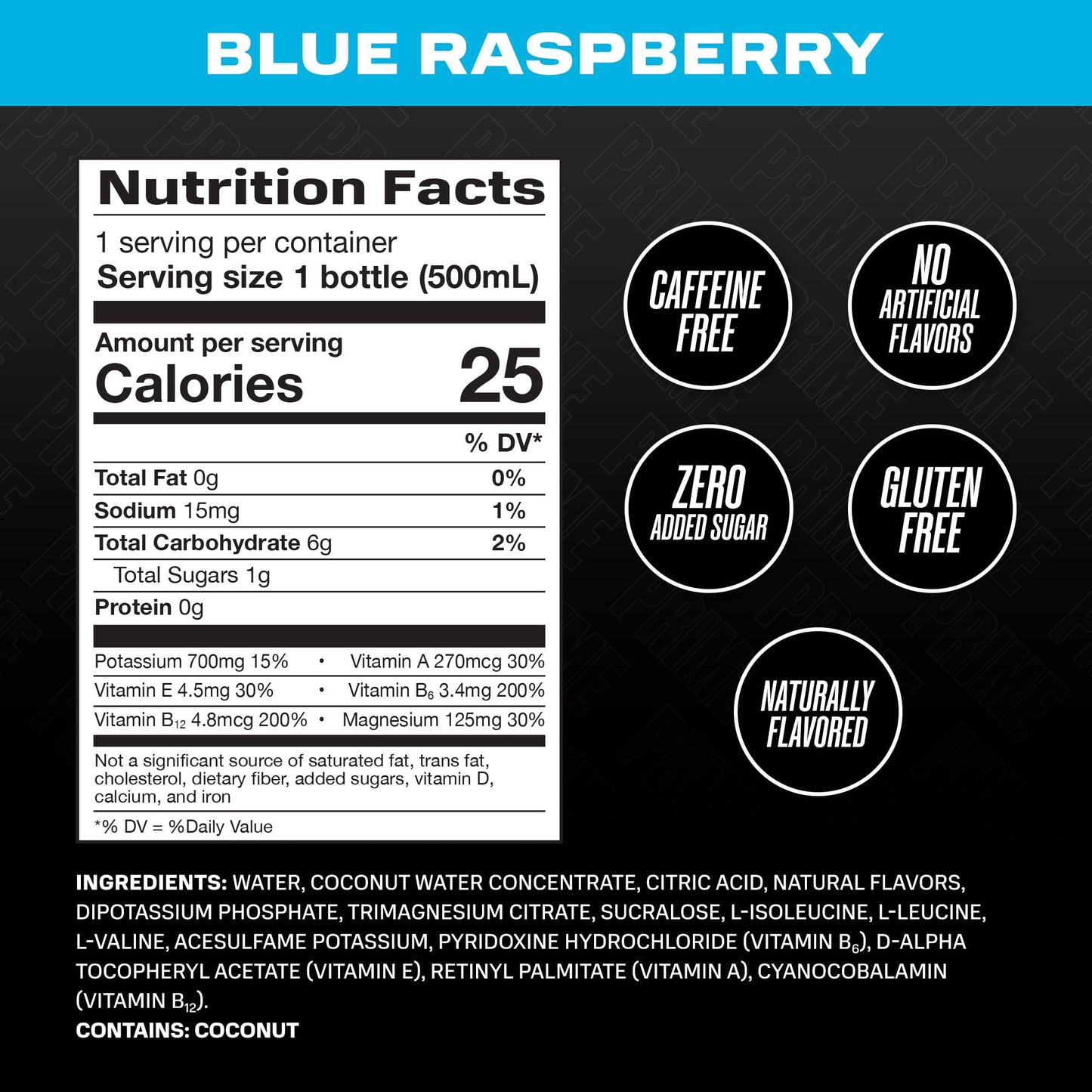 PRIME Hydration BLUE RASPBERRY | Sports Drinks | Electrolyte Enhanced for Ultimate Hydration | 250mg BCAAs | B Vitamins | Antioxidants | 2g Of Sugar | 16.9 Fluid Ounce | 12 Pack,