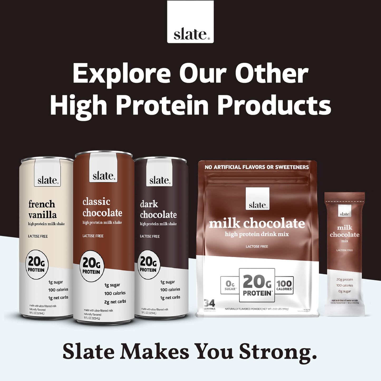 Slate Milk - High Protein Milk Shake - Core Variety Pack - Classic Chocolate, Dark Chocolate, French Vanilla - Lactose Free, 20g Protein, 1g Sugar, 100 Calories, 1-2g Net Carbs - 11 fl oz, 12 Cans,