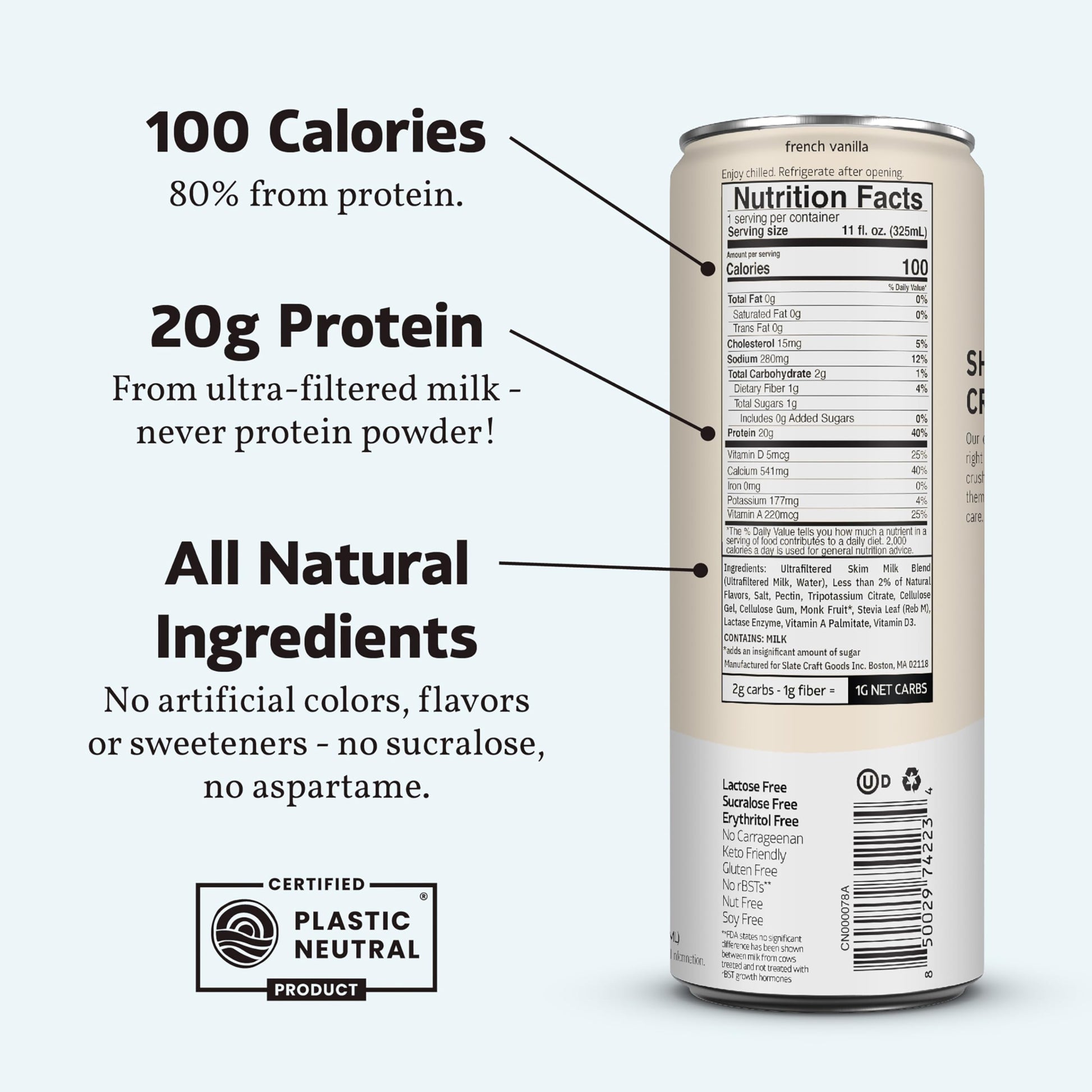 Slate Milk - High Protein Milk Shake - Core Variety Pack - Classic Chocolate, Dark Chocolate, French Vanilla - Lactose Free, 20g Protein, 1g Sugar, 100 Calories, 1-2g Net Carbs - 11 fl oz, 12 Cans,