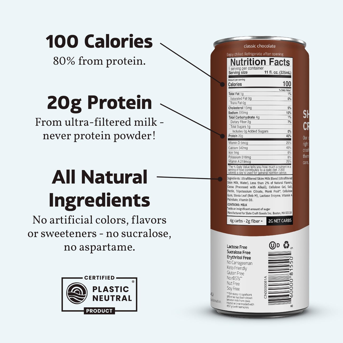 Slate Milk - High Protein Milk Shake - Core Variety Pack - Classic Chocolate, Dark Chocolate, French Vanilla - Lactose Free, 20g Protein, 1g Sugar, 100 Calories, 1-2g Net Carbs - 11 fl oz, 12 Cans,