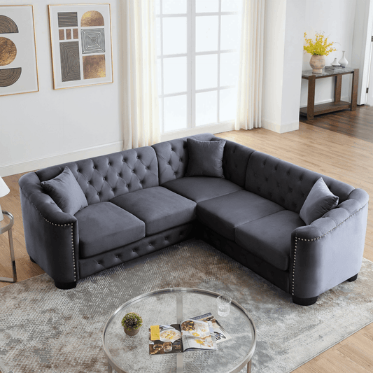 82-Inch Modern Chesterfield Velvet Sofa,Corner Sofa Covers 5 Seat Nail Head Decor L-Shaped Sectional Couch,   5-Seater Corner Sofas with 3 Cushions for Living Room, Bedroom, Apartment 