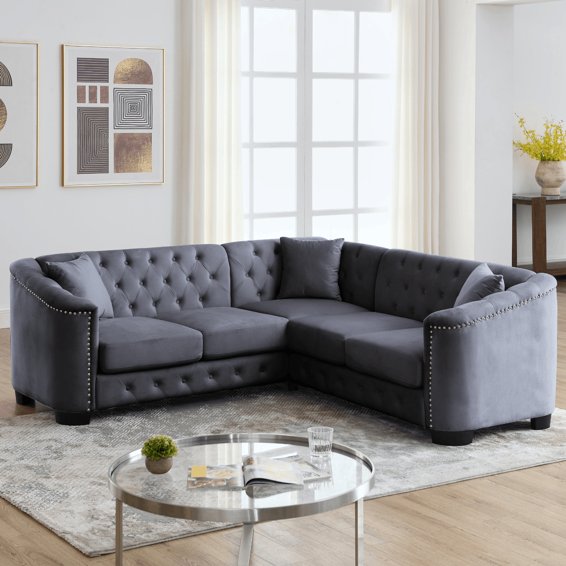 82-Inch Modern Chesterfield Velvet Sofa,Corner Sofa Covers 5 Seat Nail Head Decor L-Shaped Sectional Couch,   5-Seater Corner Sofas with 3 Cushions for Living Room, Bedroom, Apartment 