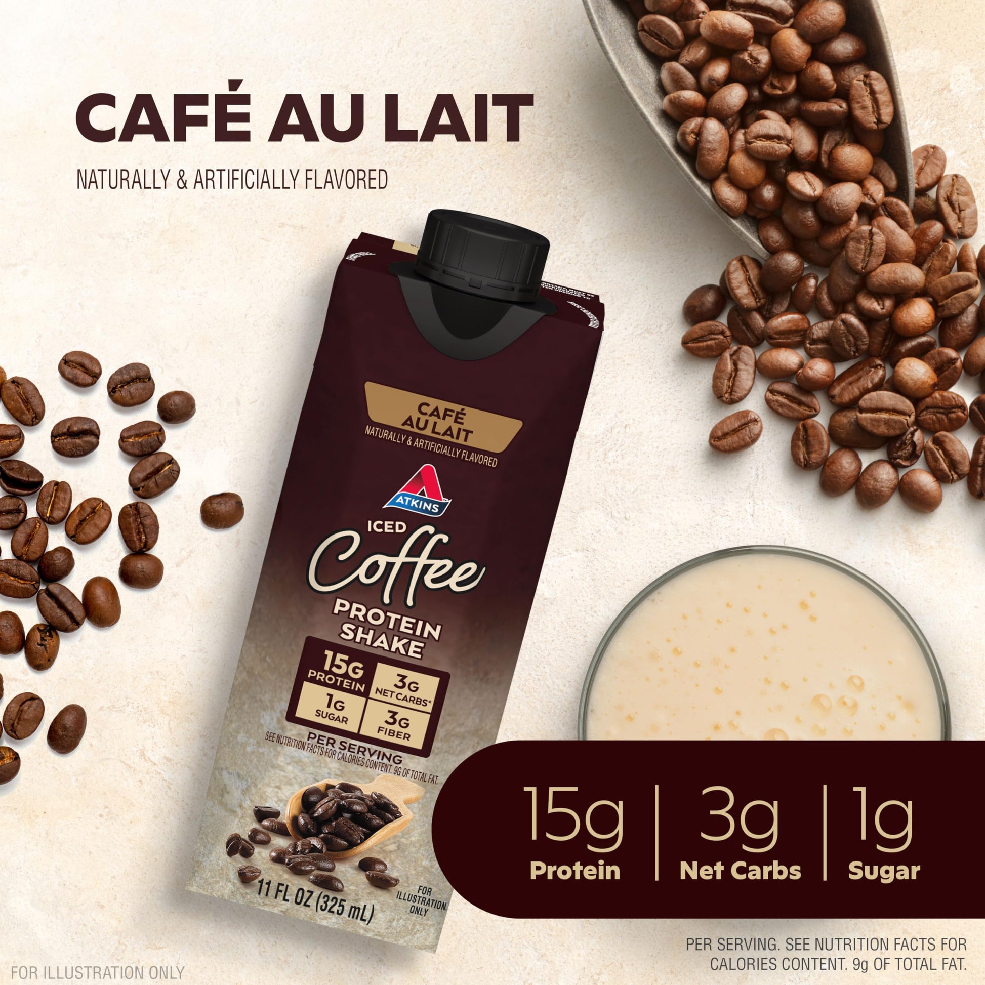 Atkins Café au Lait Iced Coffee Protein Shake, 15g Protein, Low Glycemic, 3g Net Carb, 1g Sugar, Keto Friendly, 12 Count,