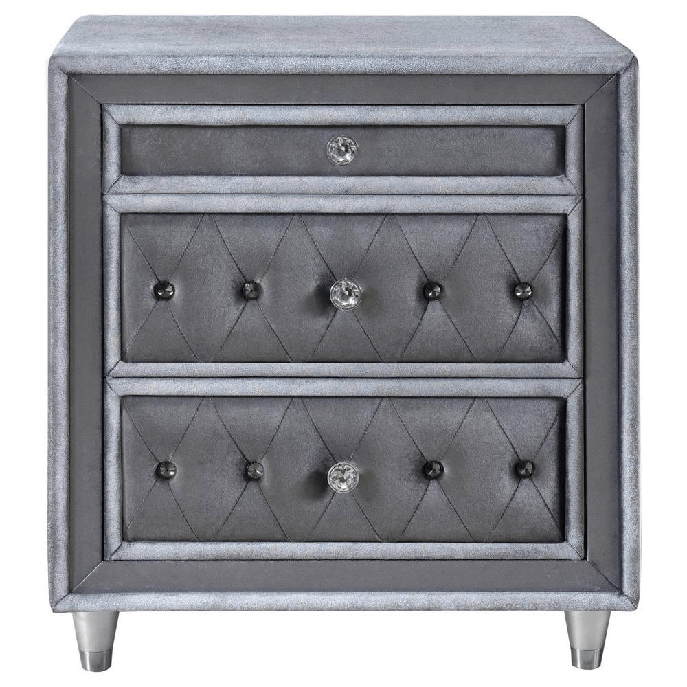 Grey velvet tufted nightstand with crystal hardware from Antonella 5-Piece Eastern King Upholstered Bedroom Set.