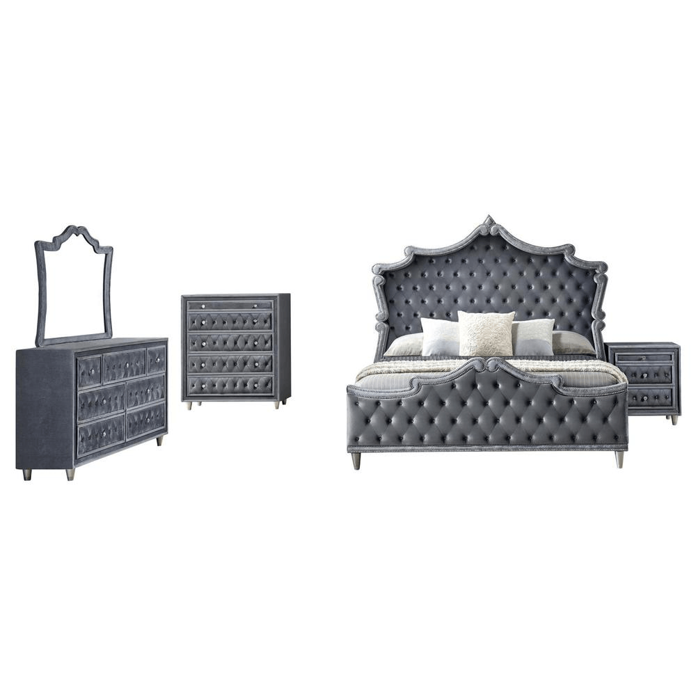 Antonella 5-Piece Eastern King Upholstered Tufted Bedroom Set in Grey Velvet with Button Tufting and Crystal Accents