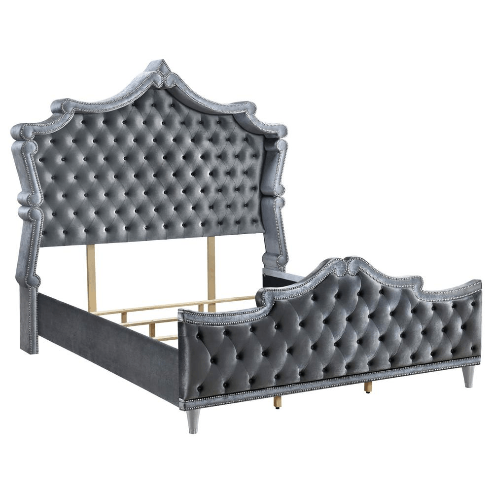 Antonella Eastern King grey velvet upholstered tufted bed frame with faux crystal button accents and elegant nailhead trim