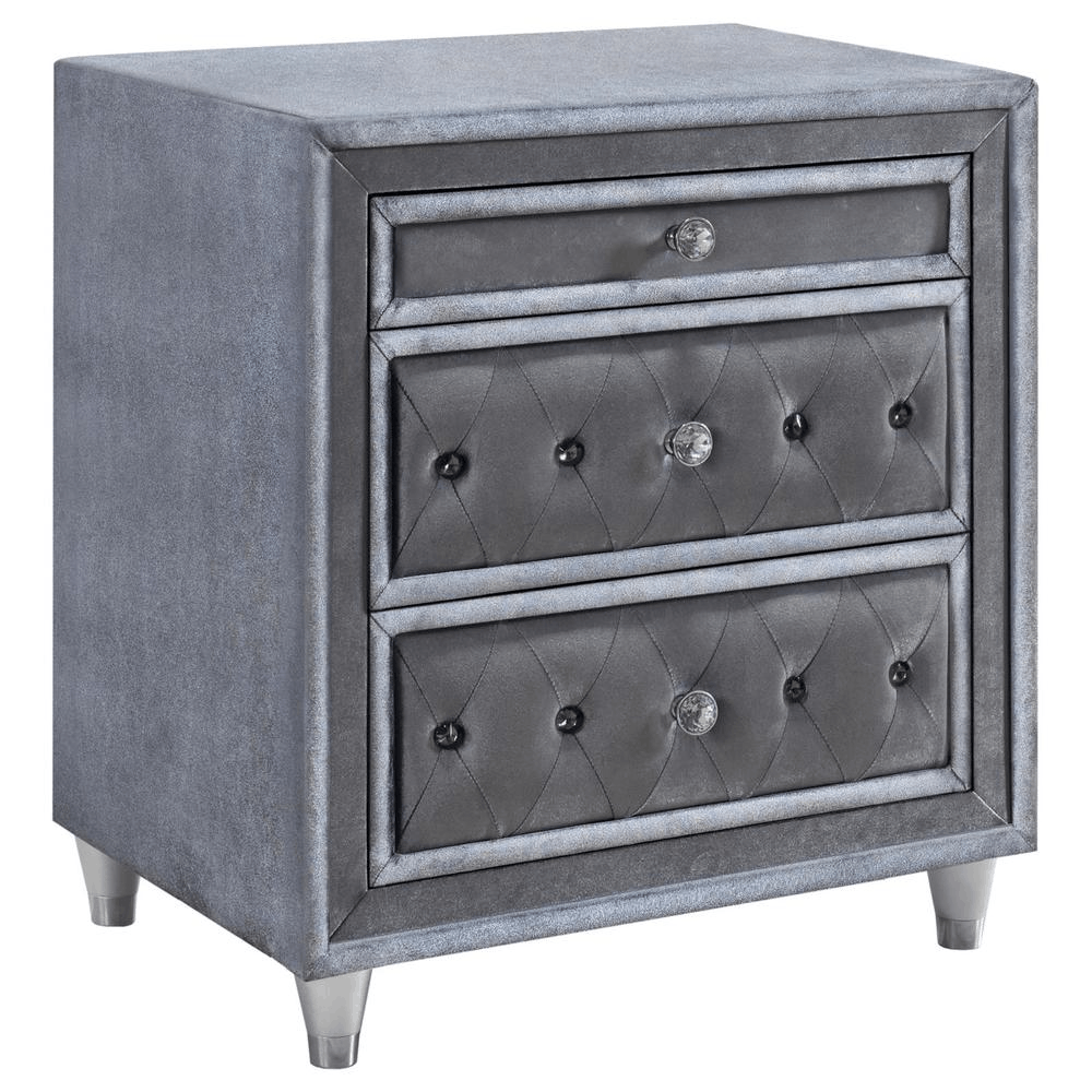 Grey velvet nightstand with tufted drawers and crystal hardware from the Antonella 5-Piece Eastern King Upholstered Bedroom Set