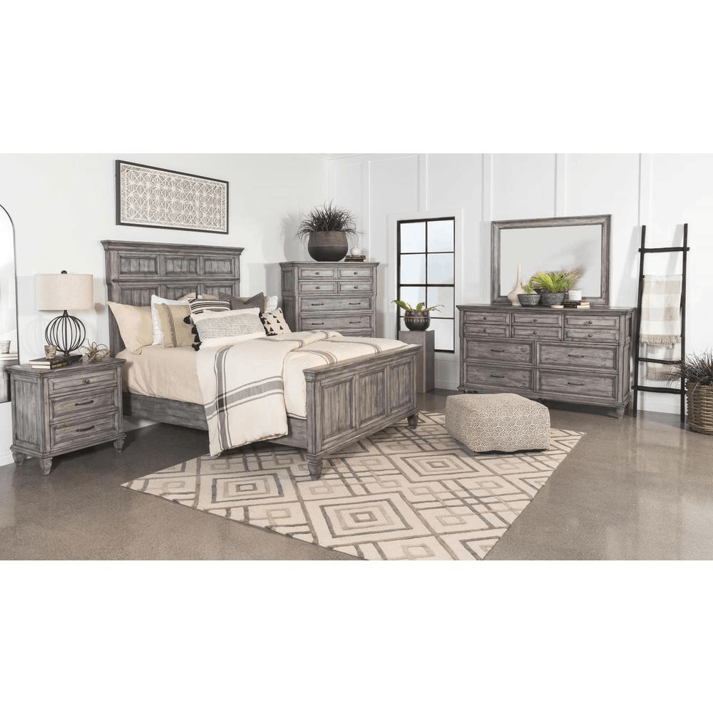 Avenue 5-piece California King Panel Bedroom Set in grey with wood paneled headboard, dresser, mirror, and two nightstands in a modern farmhouse style.