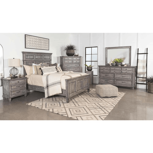Avenue 5-piece Eastern King Panel Bedroom Set in grey with traditional wood panels, ornate trim, and crown molding in a modern farmhouse style.