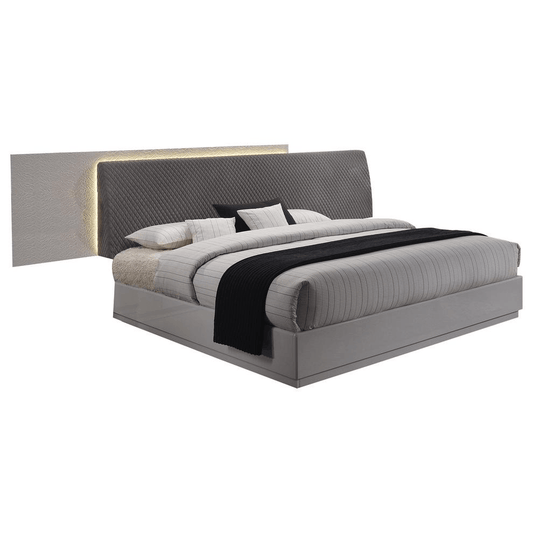 Best Master Naple Poplar Wood Queen Platform Bed in Gray with LED Lighting and Upholstered Headboard