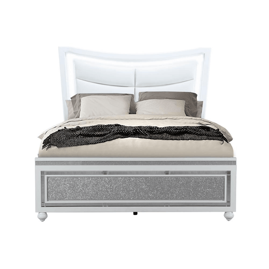 Collete White Queen Bed with LED-Lit Headboard and Crushed Crystal Accents