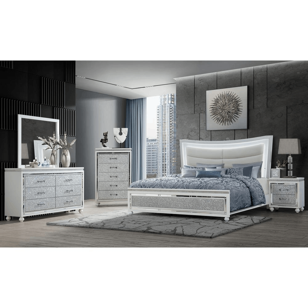 Collete White Queen Bed Group by Global Furniture USA, featuring crushed crystal drawer fronts, mirrored accents, and LED-lit bed