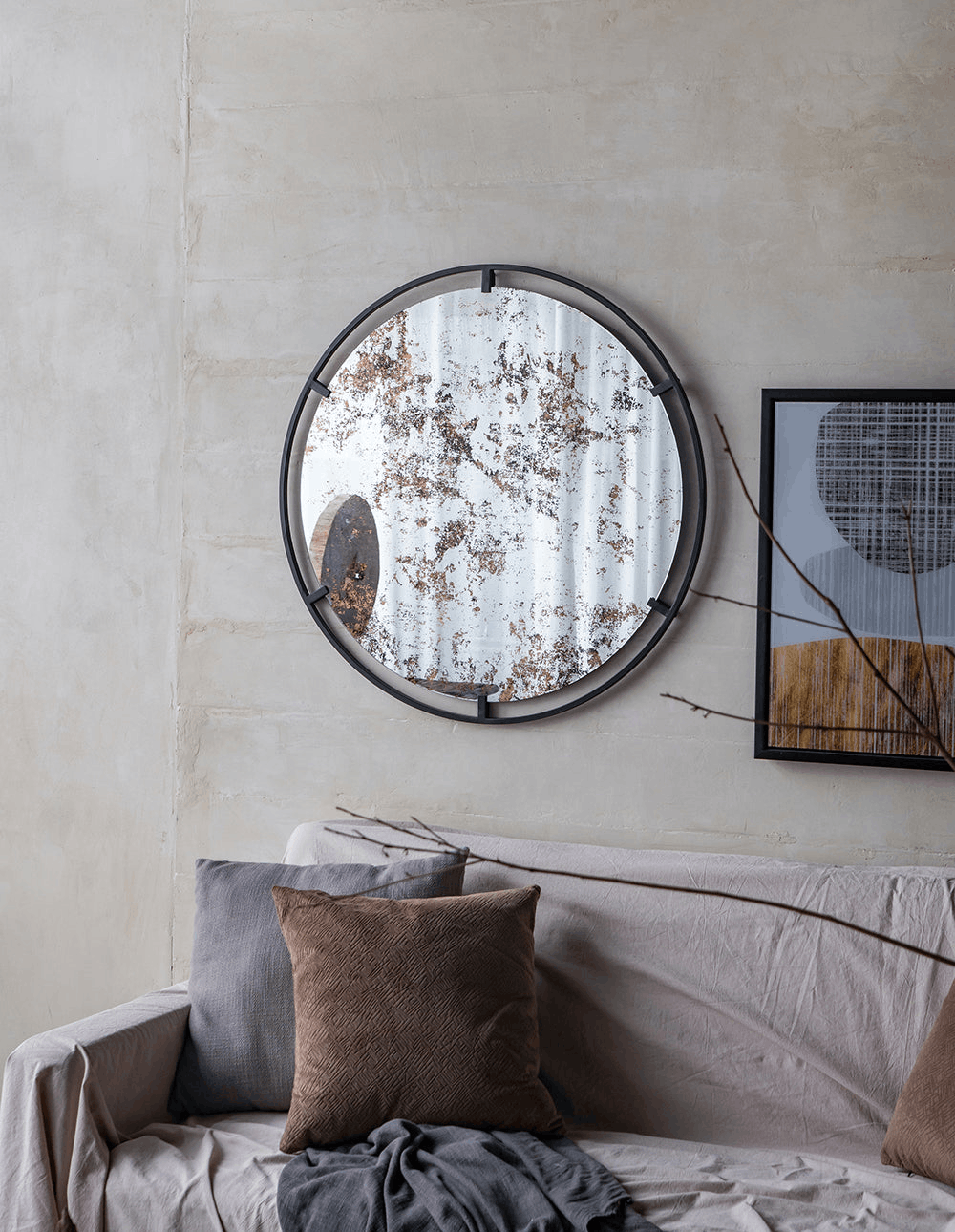D31.5x0.5" Theodor Mirror with industrial design Round Mirror with Metal Frame for Wall Decor & Entryway Console Lean Against Wall 