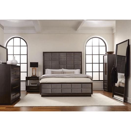Durango 5-piece Eastern King Panel Bedroom Set in Grey and Smoked Peppercorn with upholstered headboard and modern geometric design