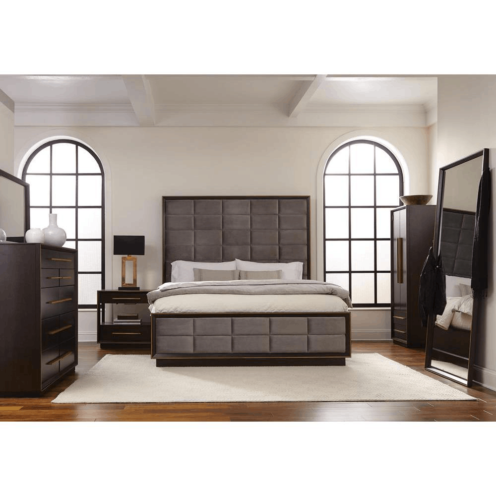Durango 5-piece Queen Panel Bedroom Set in Grey and Smoked Peppercorn with geometric details, high upholstered headboard, and modern design