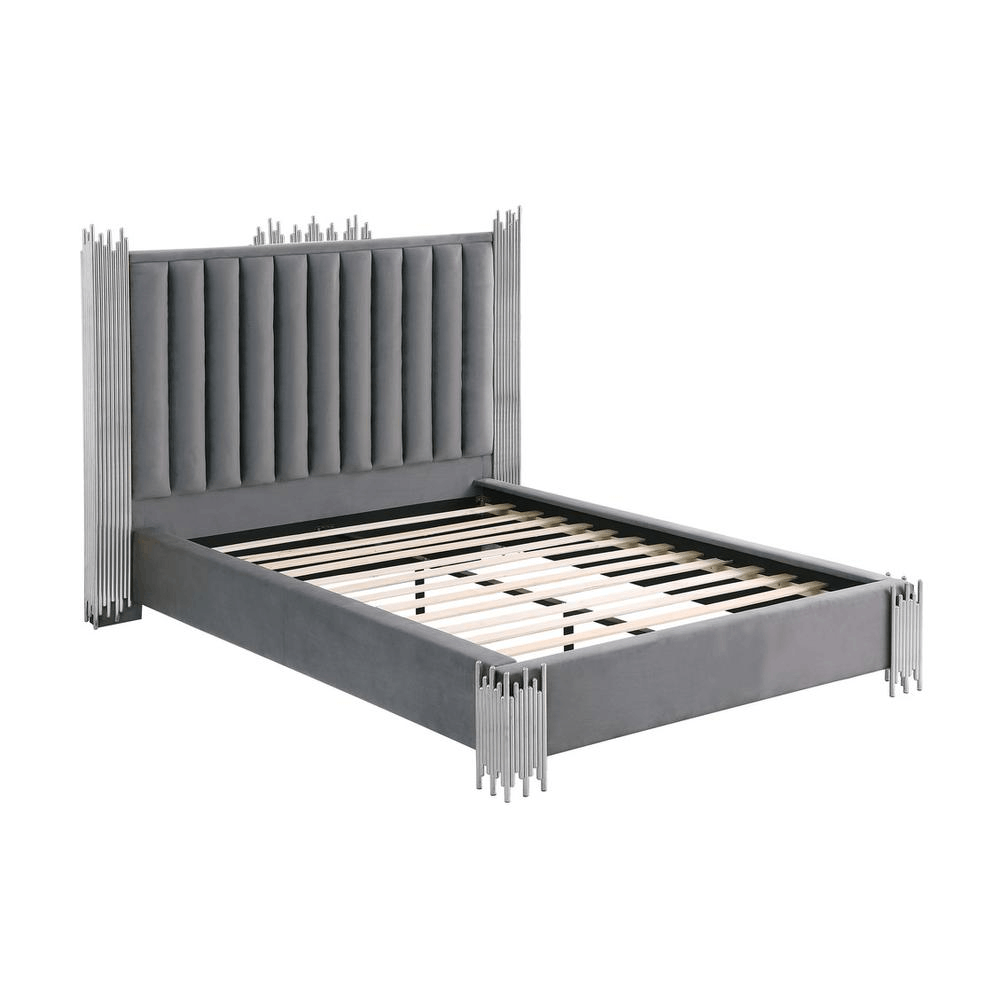 Eastern King size dark grey velvet platform bed with silver stainless steel corners and stylish high headboard.